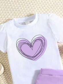 Conjunto de camiseta de manga corta con estampado de corazón y falda con volantes de unicolor, estilo lindo para niña en verano - Morado - Ver 5