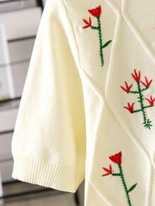 2026春夏女式圆领短袖叶子花朵刺绣图案 - 杏色 - 查看 4