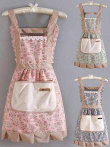 1pc Women Kitchen Apron, Wipe-Clean Homewear Fashion Princess Cooking Apron Ditsy Floral Pattern Bib Apron, Oil/Stain Resistant Princess Dress Style