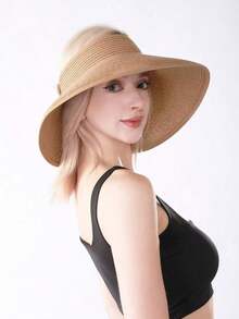 Wide Brim Sun Visor Hat For Women – Foldable Straw UV Protection Beach Hat With Boho Bow - 卡其色 - 查看 7