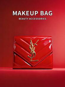 Yves Saint Laurent 亮面化妆包，大容量手拿包，适合派对、休闲场合，也可作为节日或圣诞礼物，不含珍珠肩带 - 紅色 - 查看 3