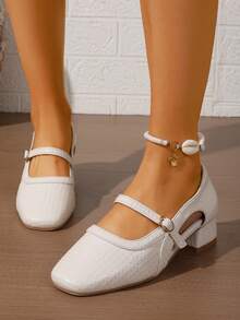 百搭厚底凉鞋，复古编织镂空绑带方头玛丽珍鞋，时尚办公服饰 - 米色 - 查看 7