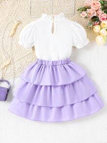 2 Stück Kleinkind Mädchen elegantes Schulstil Kurzarm Top + Tüllrock Set, leicht für den Sommer - Violett - Übersicht 2