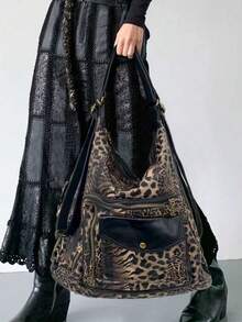 Y2K Retro Women's Leopard Print Shoulder Bag, Large Capacity Multi Pocket Street Crossbody Bag, Multifunctional Convertible Backpack - Black - View 1