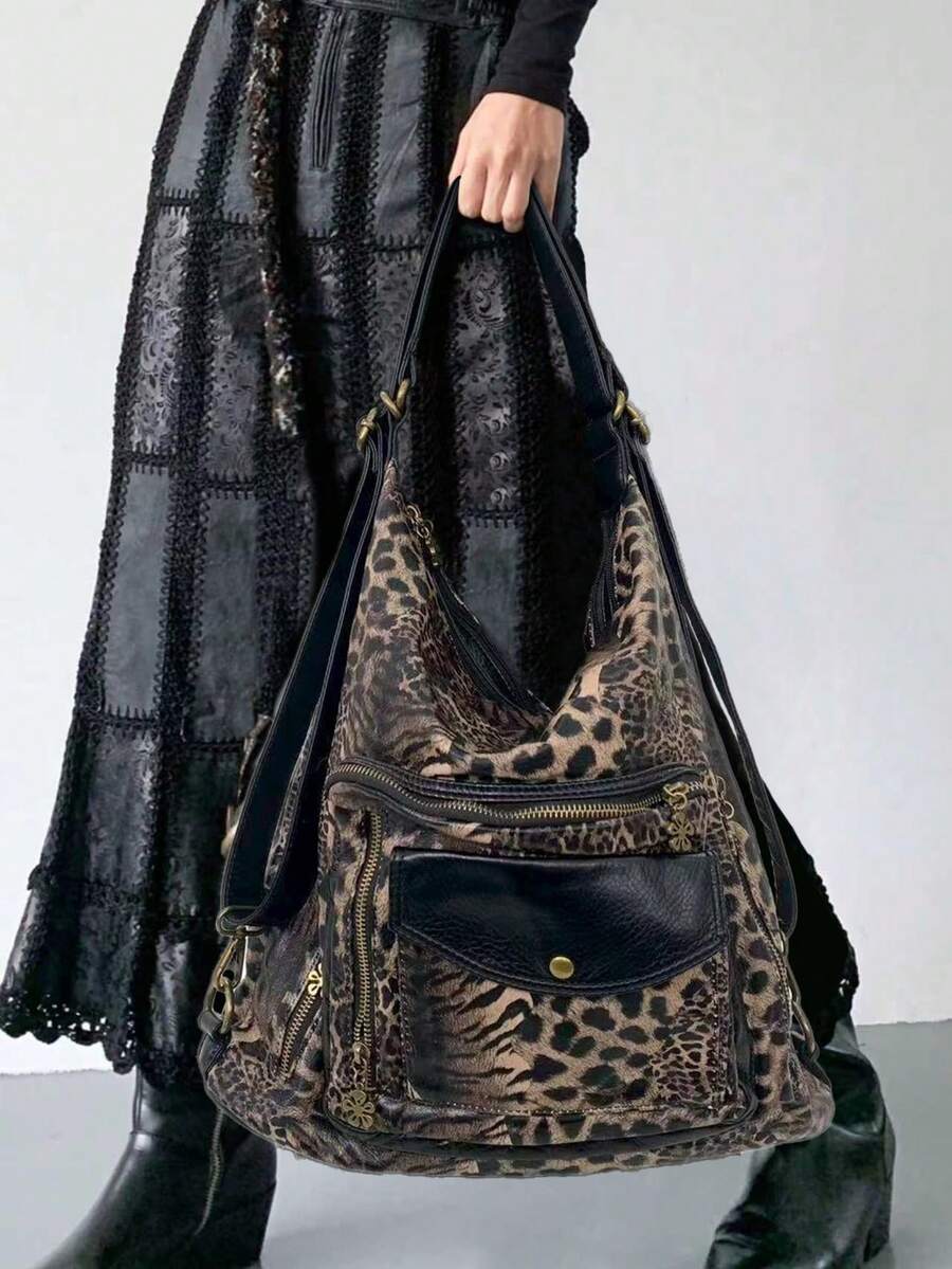 Y2K Retro Women's Leopard Print Shoulder Bag, Large Capacity Multi Pocket Street Crossbody Bag, Multifunctional Convertible Backpack - Black - View 1