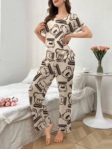 Conjunto de pijama informal para mujer con estampado de oso y letras en todo el diseño - Multicolor - Ver 3