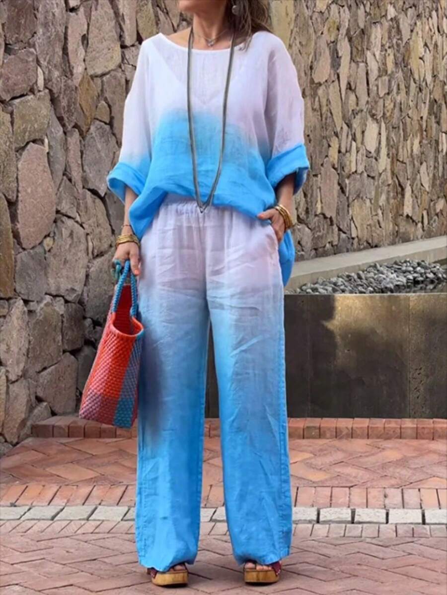 Nuevo Conjunto Árabe Mujer 2026 Estilo Fresco Degradé 2 Piezas Moda Vestido Largo y Pantalón Ancho - Azul cielo - Ver 1
