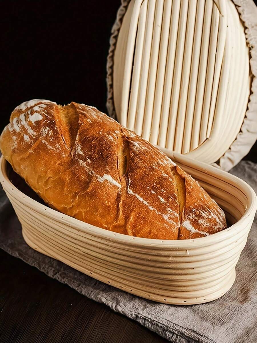 1pc White Oval Baguette Fermentation Bowl - Wicker Bread Basket With Liner, Multi-Functional Kitchen Tool, Various Sizes, Suitable For Bread Fermentation And Handmade Bread Baking, Durable And Easy To Clean, Ideal Bread Making Tool - White - View 1