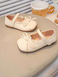 1 Pair Girls' Simple Design Princess Flat Shoes, Soft Bottom Non-Slip Children's Small Leather Shoes, Sweet Style, Suitable For Spring And Autumn - بيج - مشاهدة 1