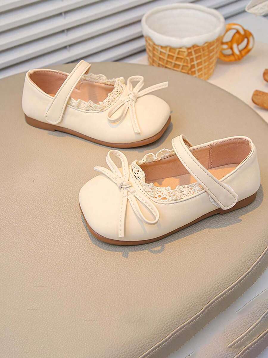 1 Pair Girls' Simple Design Princess Flat Shoes, Soft Bottom Non-Slip Children's Small Leather Shoes, Sweet Style, Suitable For Spring And Autumn - بيج - مشاهدة 1