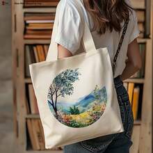ProductImage[Jit]1piece,WildflowerandTreePatternToteBag(40cmx35cm),AestheticShoppingBag,SchoolShoulderBag,LightweightShoppingBagforEverydayTravel,CuteAestheticLibraryShoulderToteBag,ReusableShoppingBagfjy3560 - 白色 - 查看 1