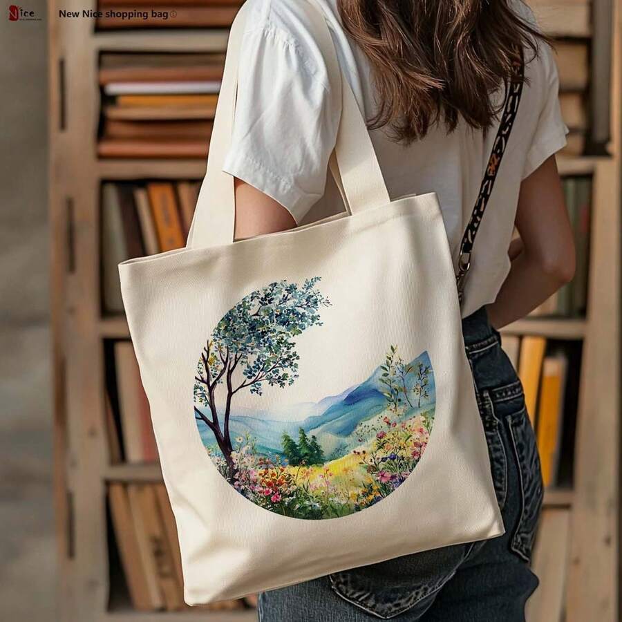 ProductImage[Jit]1piece,WildflowerandTreePatternToteBag(40cmx35cm),AestheticShoppingBag,SchoolShoulderBag,LightweightShoppingBagforEverydayTravel,CuteAestheticLibraryShoulderToteBag,ReusableShoppingBagfjy3560 - 白色 - 查看 1