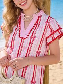 Women's Deep V-Neck Flounce Sleeve Top - Summer Casual Elegant Blouse For Resort, Beach & Daily Chic Outfits - Nhiều màu - Xem 3