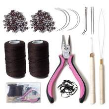 Kit de herramientas profesionales para extensiones de cabello - 200 perlas de silicona + pinzas de 3 orificios + hilo de coser + herramienta de bucle + 4 tipos de agujas de ganchillo + mini elástico para el cabello con estuche de almacenamiento - Juego de peinado DIY - Multicolor - Ver 2