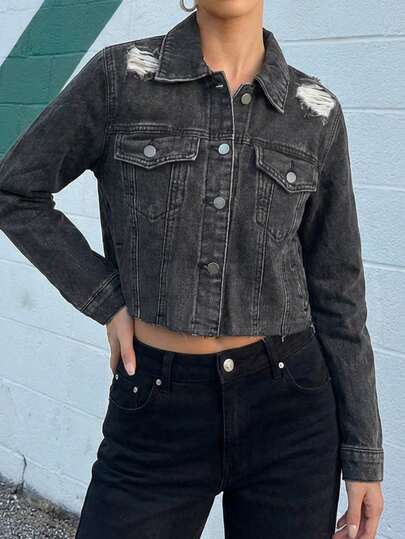 Vintage Distressed Ripped Cropped Short Jeans Jacket Women