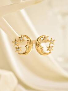 一对时尚独特的星月图案耳环，适合女性日常佩戴。 - 金色 - 查看 4