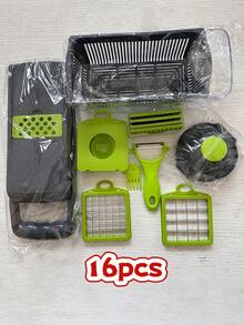 Bộ 16 món dụng cụ thái rau củ kèm hộp đựng | Dụng cụ bào phô mai, thái lát, bào sợi, bào bắp cải | Dụng cụ cắt khoai tây chiên bằng thép không gỉ dùng cho rau củ, hành tây, khoai tây, trái cây, dụng cụ nấu ăn thủ công, đồ dùng nhà bếp cho các bữa tiệc ngày lễ ngoài trời - Xám - Xem 12
