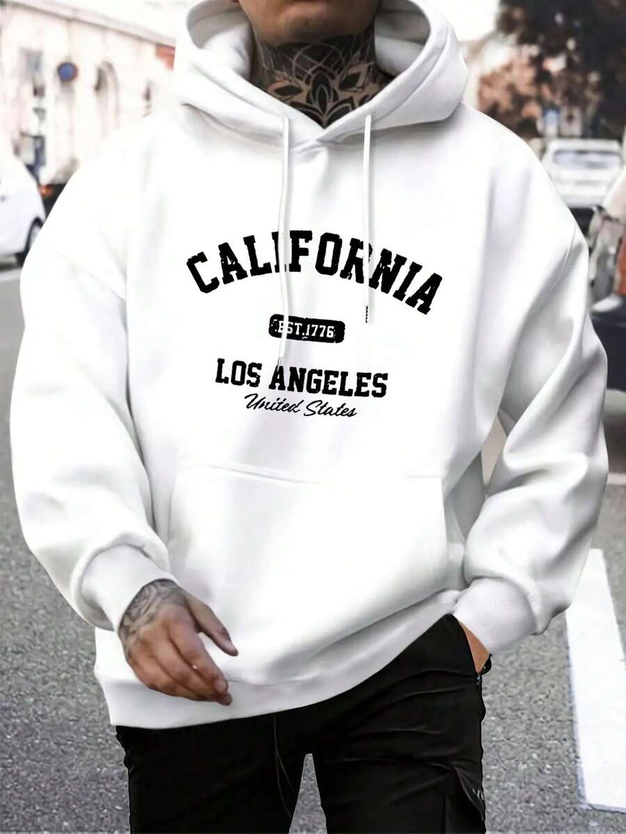Áo hoodie nam phong cách đường phố thường ngày, in họa tiết California, có túi kangaroo và dây rút, lót giữ nhiệt, thích hợp cho mùa thu/đông. - trắng - Xem 1