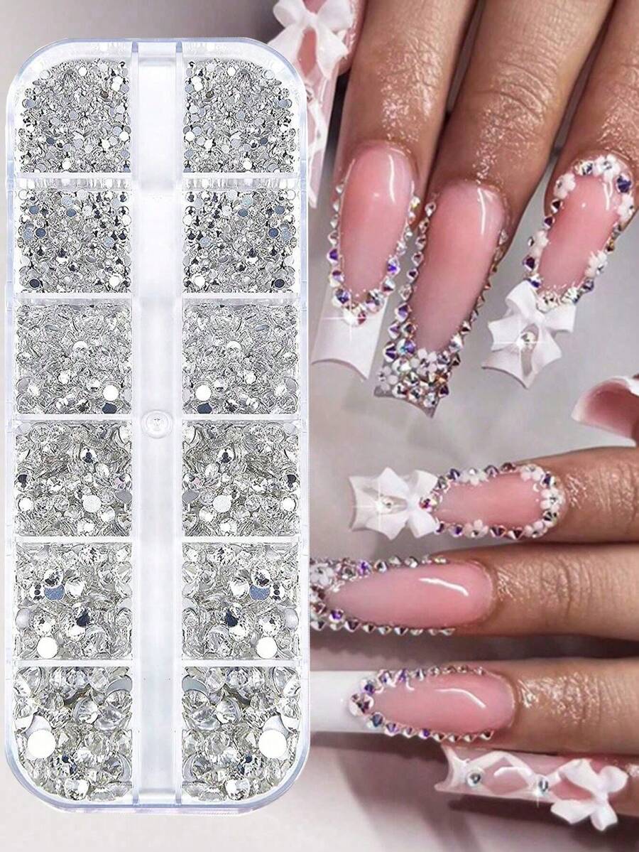 12 Grid Nail Rhinestones 1.5mm-5mm 3D Nail Art Glass Crystal Clear Nail Stones Gems Pearl Crystal Strass 3D Charm Gems Nail Multi-Shape 3D Nail Diamonds For Nail Art And DIY Decoration 1 Boxes Nail Art Rhinestones Flatback Rhinestones Pearls Nail Charms For Acrylic Nails Crystals Nail Art Supplies Half Round Design Nail Gems - 白色 - 查看 1