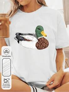 Áo thun nữ cỡ lớn tay ngắn cổ tròn phối họa tiết vịt trời ngồi, kiểu dáng thường ngày, thích hợp mặc mùa hè. Áo thun trắng nữ họa tiết săn chim. - trắng - Xem 4