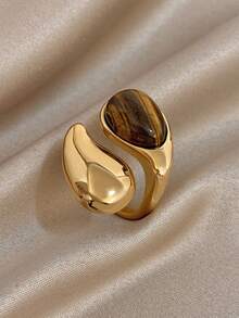 18K镀金不锈钢奢华复古虎眼石可调节戒指，女士奢华珠宝，适合复活节、情人节、派对、晚宴、日常佩戴、约会、新年、婚礼、海滩、圣诞节、周年纪念日等场合，优雅妈妈礼物，波西米亚风珠宝，生日礼物，伴娘礼物 - 彩色 - 查看 8