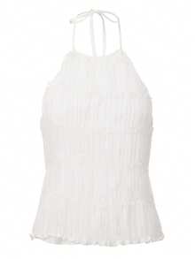ARA CHIC Women's White Textured Pleated Camisole, Sexy Open Back Tie Strap Crop Top, 2026 Spring/Summer New Beach Vacation Style - White - View 6