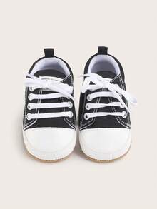 1双婴儿帆布鞋，幼儿学步鞋，系带设计，简约百搭，适合所有季节 - 黑色 - 查看 5