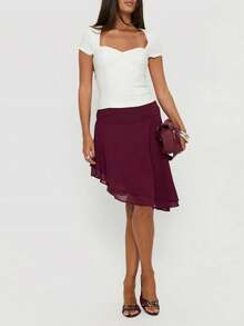 Elegant Casual Solid Color Chiffon Asymmetric/Asymmetrical Layered Skirt, Beach Resort Wear, Spring/Summer - Red Violet - View 8