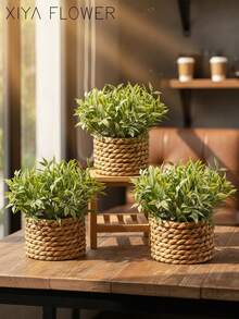 3pcs/Set Artificial Rattan Potted Plants, Seagrass Rope, 3 Identical Green Plants, Made Of PE And Polyester Fiber, Desktop Decor For School, Dorm, Office, Home, Back To School, Valentine's Day, Easter, Spring/Summer - Green - View 9