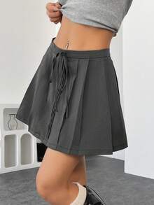 تنورة كاجوال متعددة الاستخدامات بطيات على شكل حرف A، طراز مدرسي كاجوال للنساء، صيفي - رمادي - مشاهدة 5