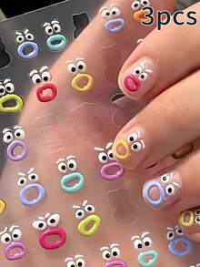 3张可爱怪兽嘴巴美甲贴纸，多巴胺果冻扁平计划本贴纸，趣味表情水杯美甲贴纸 - 彩色 - 查看 7