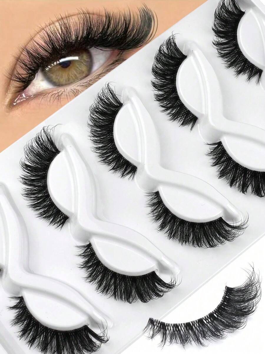 5 Paar transparente Stiel 3D flauschige Katzenaugen-/Fuchsaugen-Wimpern, natürliches Aussehen, weich & lockig, Wimpernverlängerung, verlängerte Außenecke, dramatische Wimpern, wiederverwendbar - Schwarz - Übersicht 1