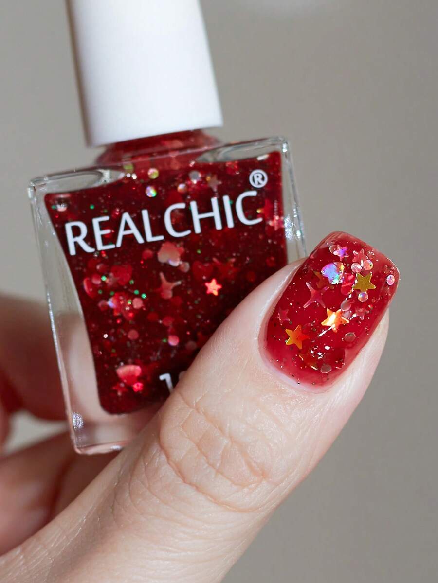 REALCHIC 10ml/Pcs, New Arrival, Stars & Heart Sequin Glitter Red Water Based Nail Polish ,Fast Dry,Long Lasting,Peel Off,Odorless,Wedding Nail Art ,Suitable For Students And Professional Use In Nail Salons,New Year Gifts - 紅色 - 查看 1