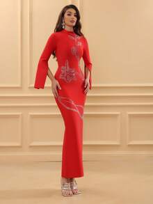 Love Aing Đầm đỏ tay dài dành cho nữ, sang trọng và trang trọng, được thiết kế như một chiếc váy dạ hội, thanh lịch, trang nhã và duyên dáng. Được đính sequin và có thiết kế xẻ tà, có thể mặc như váy cưới, và phù hợp cho các lễ hội, hẹn hò, tiệc cocktail, bữa tối và các buổi tiệc. Một chiếc đầm dài thanh lịch. - Đỏ - Xem 6