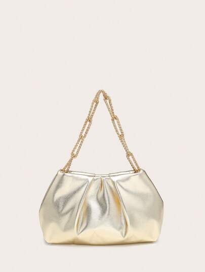 1pc Women's Shoulder Handbag, Gold PU Leather Pleated Dumpling Bag, Suitable For Shopping, Traveling, Formal Events, Parties