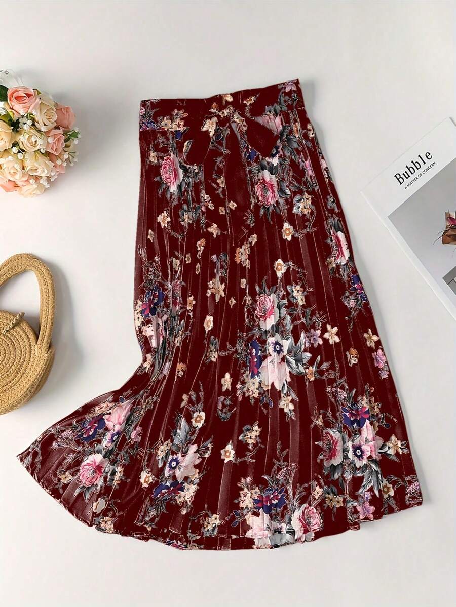 Falda casual de poliéster con cinturón de satén con estampado floral, plisada, ajustada, elegante y casual, adecuada para todas las estaciones, Día de San Valentín, vacaciones, verano - Burdeos - Ver 1