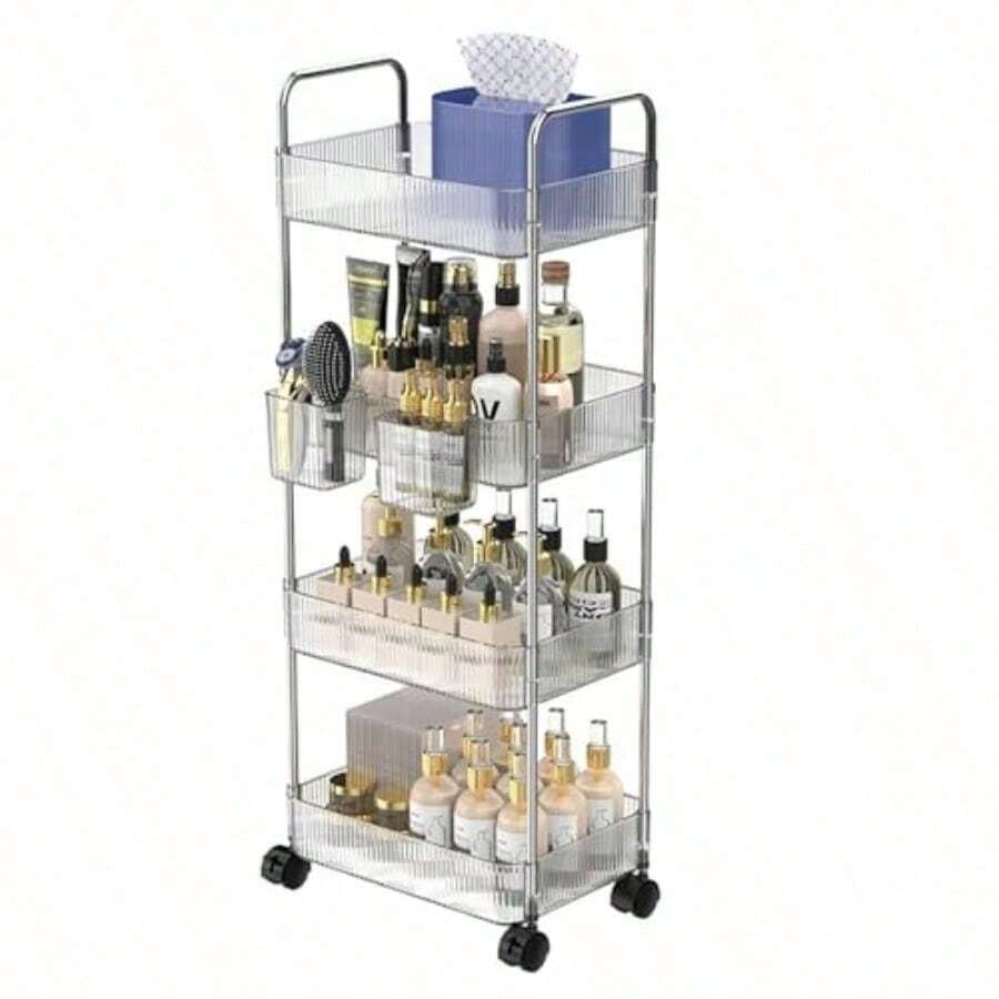 MTQ Carrito Organizador con Ruedas Carrito Auxiliar de 4 Niveles Organizadores de Acrilico Transparente con 4 Cestas Colgantes Alenamiento para Sala Cocina Oficina Baño - como imagen-0 - Ver 1