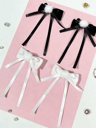 2pcs Ballerina Style White Fuzzy Bow Ribbon Hair Clips, Cute Sweet Girl Ins Style Double Ponytail Side Clips