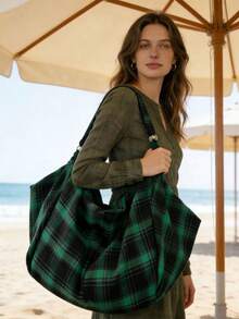 Túi đeo vai cỡ lớn họa tiết kẻ caro, kiểu dáng thời trang châu Âu và Mỹ, túi xách đa năng tiện dụng, phù hợp cho công việc, học tập và du lịch. - màu xanh lá - Xem 7