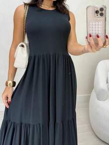 Comfortable 100% Cotton Viscose/Lycra Midi Dress With Tank Top, Perfect For Modest Fashion, Blogger Style. - 黑色 - 查看 2