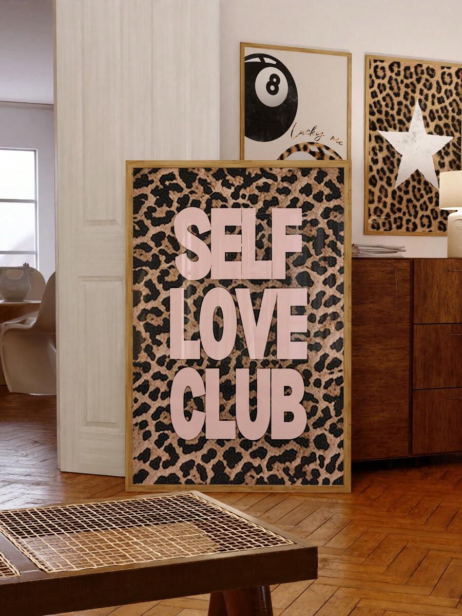 1pc Frameless Pink Color Scheme Art Print - Leopard Print & Self-Love Quote Poster, Girly Aesthetic Wall Decor For Bedroom Dorm Home Office, Modern Pink Leopard Decor & Best Gift Choice - Multicolor - View 1