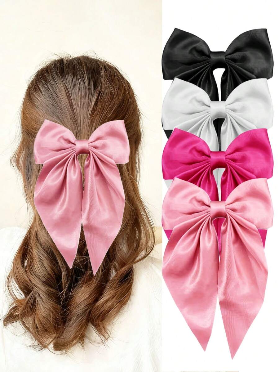 1/4 件装女士发夹，大号蝴蝶结发夹，丝滑缎面蝴蝶结发夹，超大长尾，可爱发卡，美观时尚发饰，金属蝴蝶结发夹，中性色，爪夹，发卡 - 彩色 - 查看 1