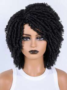 [Natural Afro Curly Wig] Natural Synthetic Afro Curly Dreadlock Wig - Short Twist Faux Locs, Breathable Layered Braids, Bob Style In Black, Brown, Copper, Blonde - Daily Cosplay Replacement Wig - Black - View 2