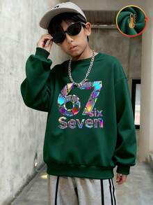 Tween-Jungen Sweatshirt Gr. 67# Schwarz/Dunkelgrün, Kinder Rundhals-Sweatshirt, Laser-Muster, locker-lässiger Schnitt, bequem & warm, geeignet für Herbst/Winter - dunkelgrün - Übersicht 1