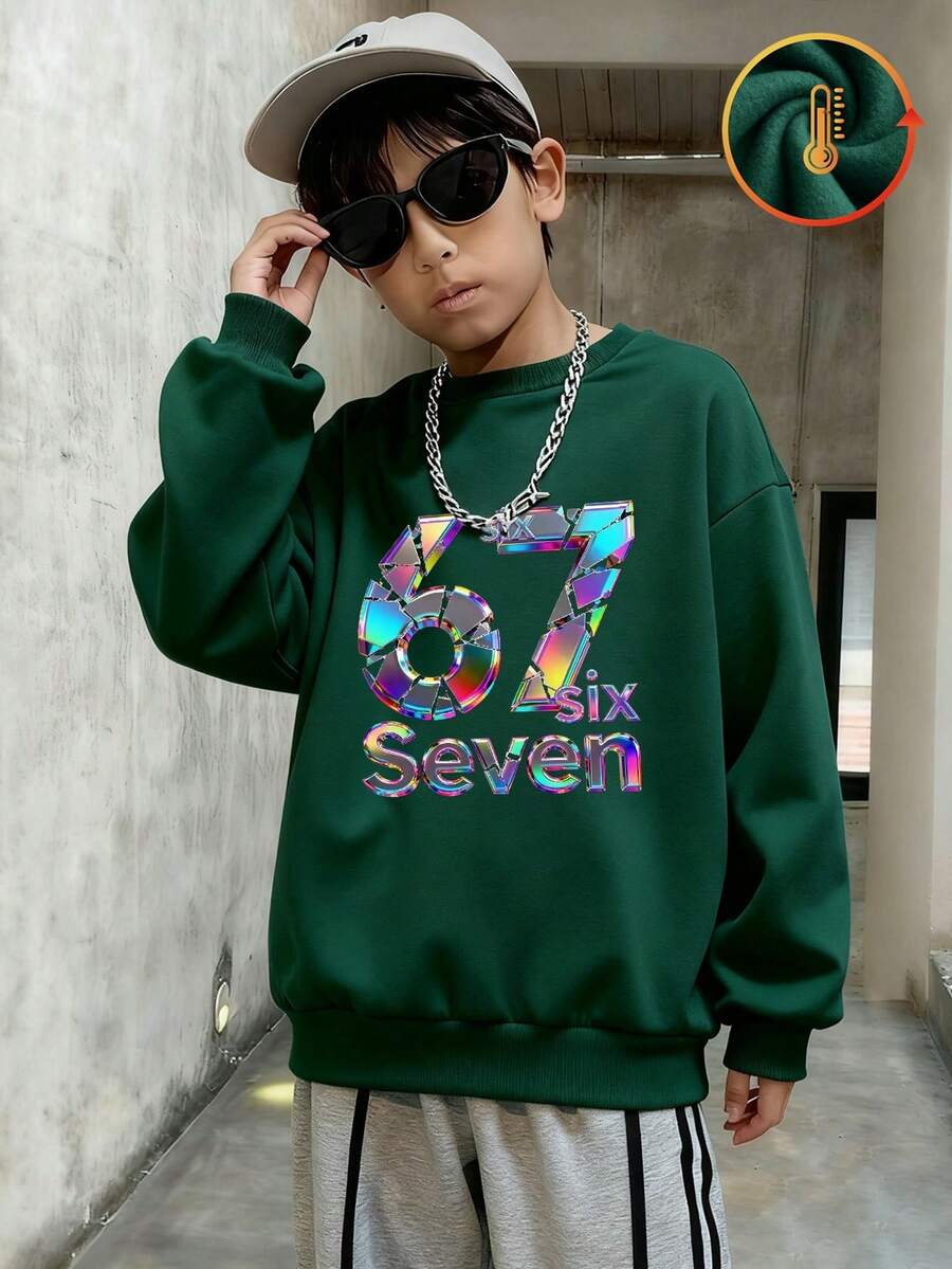 Tween-Jungen Sweatshirt Gr. 67# Schwarz/Dunkelgrün, Kinder Rundhals-Sweatshirt, Laser-Muster, locker-lässiger Schnitt, bequem & warm, geeignet für Herbst/Winter - dunkelgrün - Übersicht 1