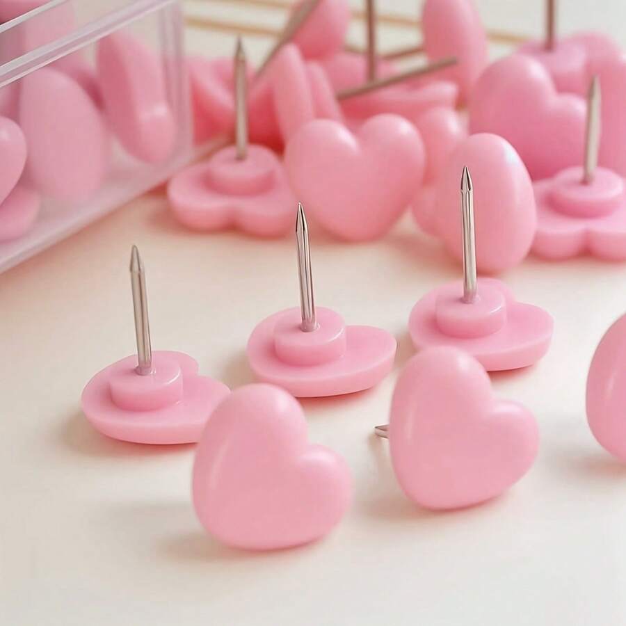 50/100枚可爱粉色心形图钉，心形图钉，DIY装饰配件，情人节礼物包装用品，节日设计工艺配件 - 彩色 - 查看 1