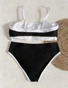 Plus Size Women's Two Pieces Summer Beach Holiday Black And White Color Blocked Suspender Triangle Cup Sexy Elegant Bikini, Suitable For Vacation, Party, Beach Date, Valentine's Day Casual Strapless Swimsuit Set - Black and White - View 5