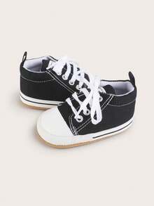 1双婴儿帆布鞋，幼儿学步鞋，系带设计，简约百搭，适合所有季节 - 黑色 - 查看 7