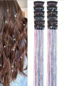 12Pcs Sparkling Hair Tinsel Extensions Clips, 19.6" Glitter Strands, Heat-Resistant Shiny Fairy Hair Accessories For Women, Vacation Style, For All Ages 14+