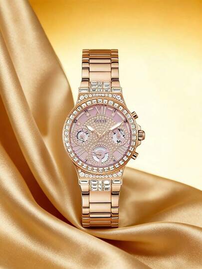 Guess Reloj de cuarzo para mujer, con incrustaciones de cristal, esfera en oro rosa, correa de acero inoxidable, diseño de lujo, alta calidad, elegante y de moda, adecuado para uso diario/citas, regalo ideal para novia, madre y amigas. GW0320L6